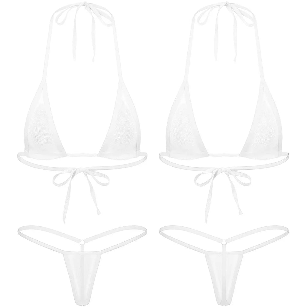 Women's Two-Piece Swimsuits Bikini Sets Sexy Mesh Sheer Halter neck Micro Bikini Outfits Bra Top with G-String Swimwear Female