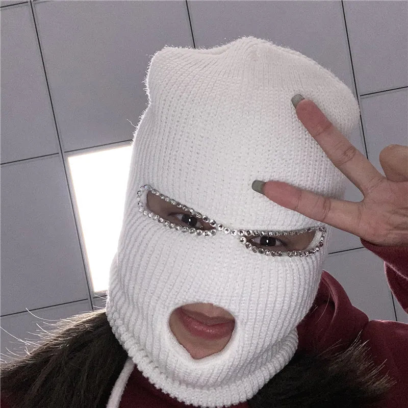 Shining Diamond Balaclava Face Mask Women Pink Sport Knitted Fleece Ski Mask for Women Three Hole Hat Shiny Rhinestone