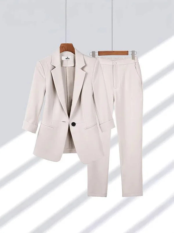 2025& 2026 Women's New V-neck Big Collar Solid Color One Button Professional Set Casual Nine Sleeve Suit Set Women's Wear
