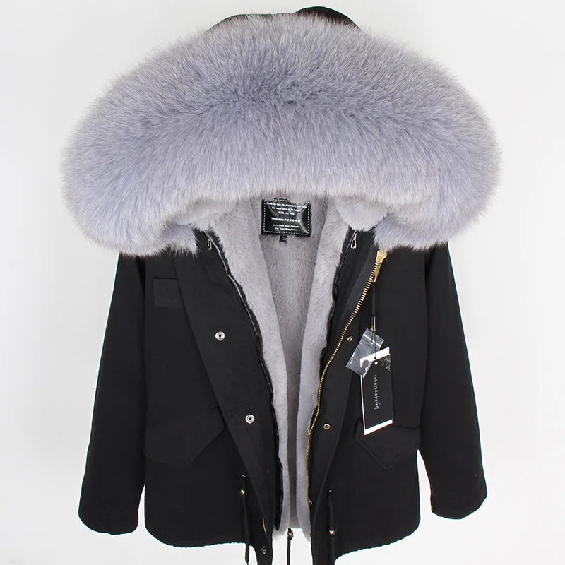 MAOMAOKONG 2025 & 2026 Real Fur Coat New Fashion Fox Fur Collar Winter Women's clothing Removable Lining Thickened Jacket Short Parka