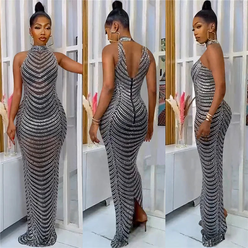 Sparkly Crystal Rhinestone Bodycon Maxi Dress Women Wedding Evening Backless Mesh See Through Night Party Club Birthday Dress
