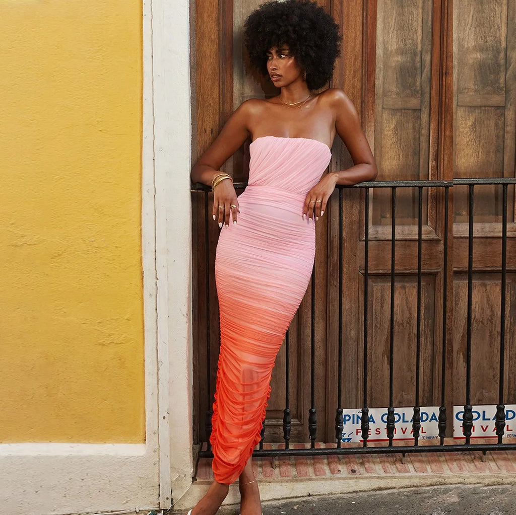 Women New Fashion Lace up Pleated Tube Top Dress Vintage Sleeveless Backless Casual Chic Female Dresses Vestidos Mujer Pink 2626