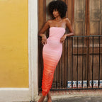 Women New Fashion Lace up Pleated Tube Top Dress Vintage Sleeveless Backless Casual Chic Female Dresses Vestidos Mujer Pink 2626