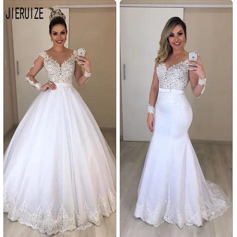 Lace 2 In 1 Mermaid Wedding Dresses Long Sleeves Scoop Neck Detachable Train Puffy Tulle Appliques Bridal Gowns Customized Main image