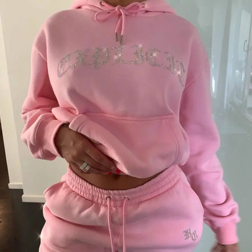 Diamonds Tracksuit 2 Piece Set Women Oversize Hoodies Sweatshirt Sweatpants Joggers Sport Pant Suits Femme Outfits Sweatsuits