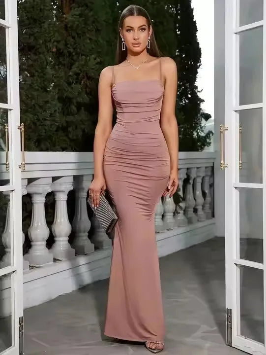 Fishbone Bodycon Sexy Backless Draped Evening Night Party Dresses Women Almond Corset Maxi Dress Elegant Dresses