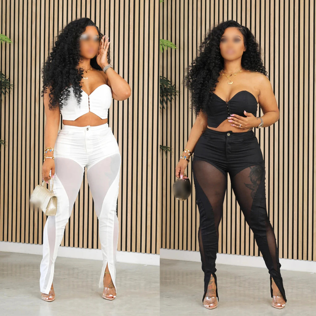 A7332 2026 Outfits for Women Solid Corset With Patchwork Pencil Pants Party Outfits Women Two Piece Set Club Set