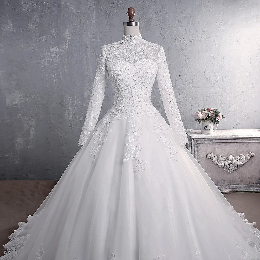 Muslim Wedding Dress 2026 Elegant High Neck With Train Princess Bride Dress Luxury Lace Embroidery Wedding Gown Vestido De Noiva