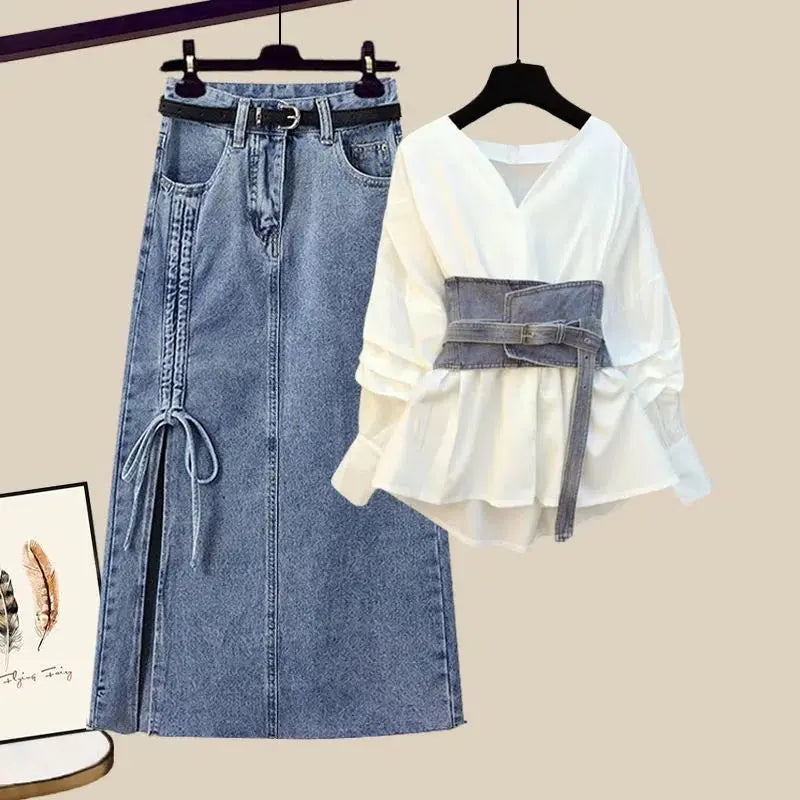 Design Sense Shirt and Knee-Length Denim Skirt Two-Piece Set for Plus Size Women Formal Style for Summer Secondary image