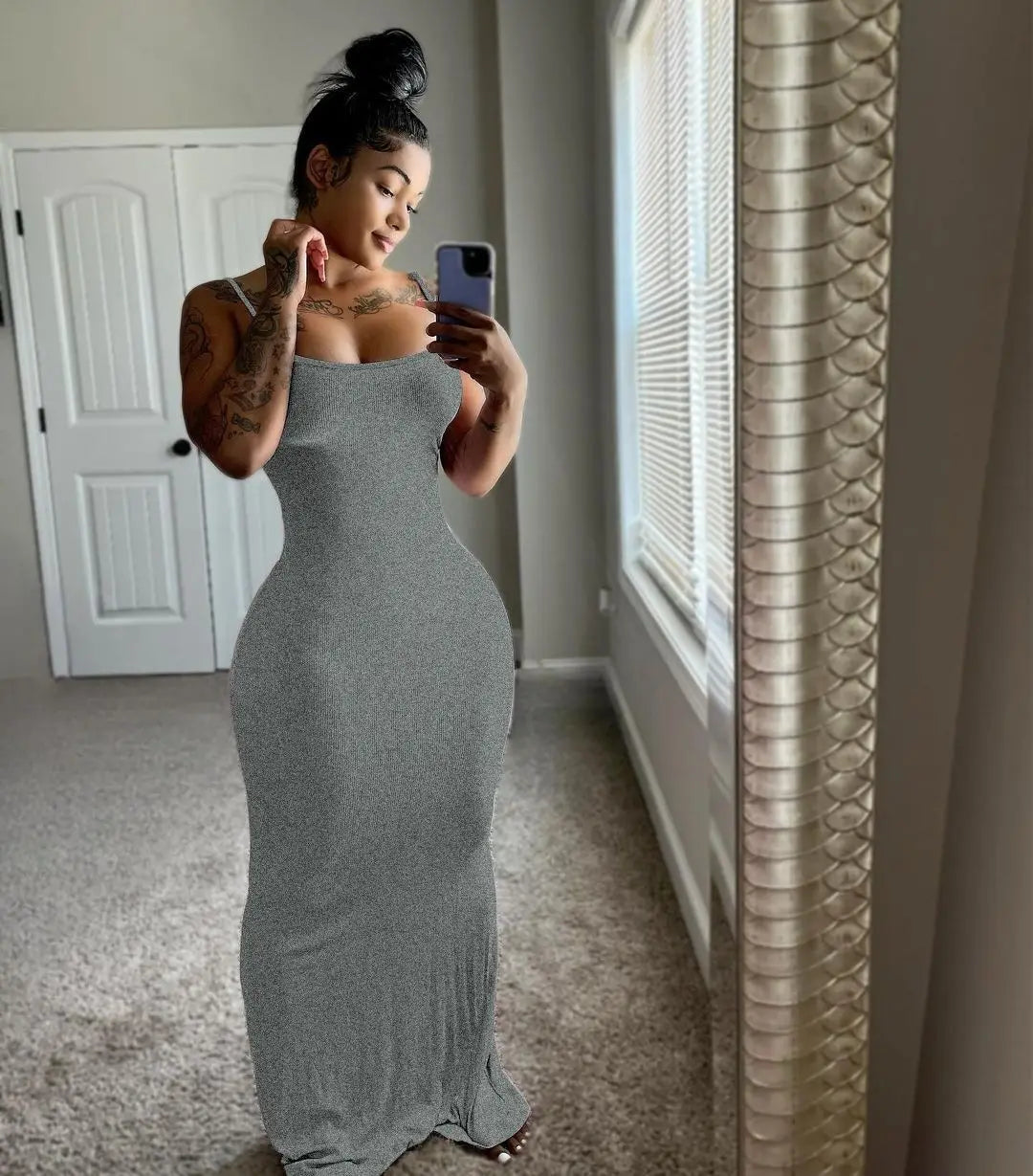 New Arrival Women's Summer Bodycon Maxi Dress Spaghetti Strap Sklinky Casual Ribbed Knit Floor-Length with Beading Decoration