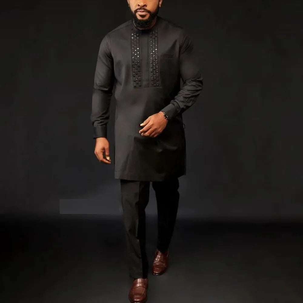 Islamic Men's Solid Color O Neck Long Sleeve Single Breasted Cotton Party Suit 2-Piece Sets African Ethnic Beading Plus Size Secondary image