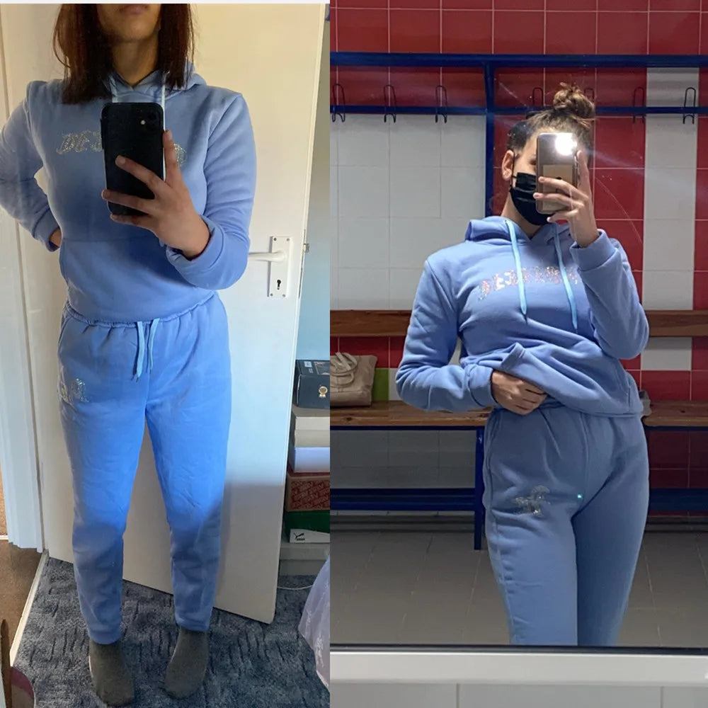 Diamonds Tracksuit 2 Piece Set Women Oversize Hoodies Sweatshirt Sweatpants Joggers Sport Pant Suits Femme Outfits Sweatsuits
