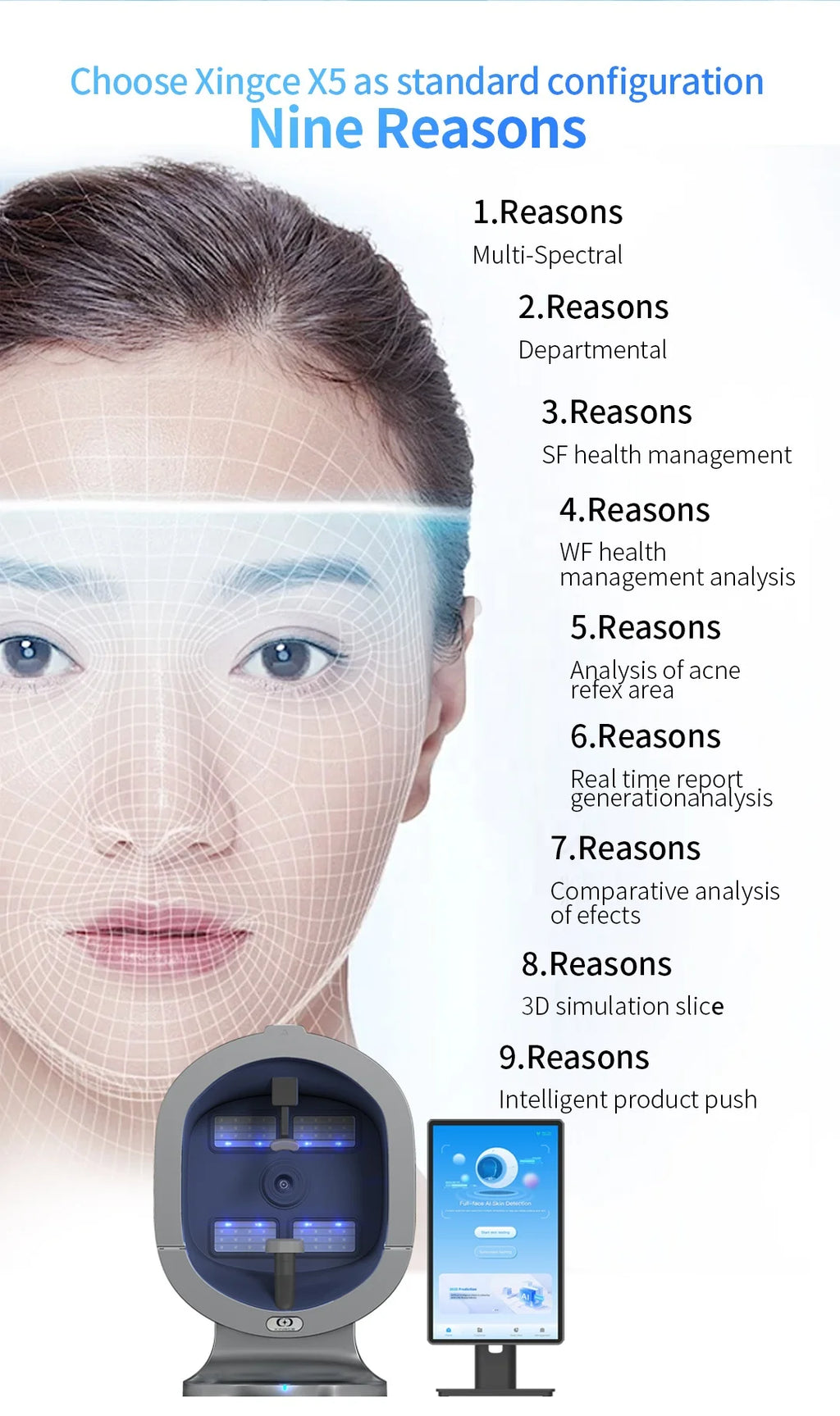 A 3D AI facial skin analyzer for hair diagnosis and professional analysis  with 8-spectrum beauty salon equipment