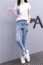 One-Piece/Set 2025 & 2026 Summer New Women Denim Pants Beaded Embroidery Short-Sleeved + Small Feet Hole Jeans Female Two-Piece Suit425