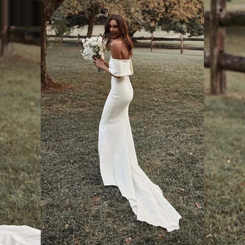 13056#Simple Off-Shoulder Elegant Short Sleeves Backless Wedding Dress Mermaid Buttons Sweep Train Soft Satin Bridal Gown Secondary image