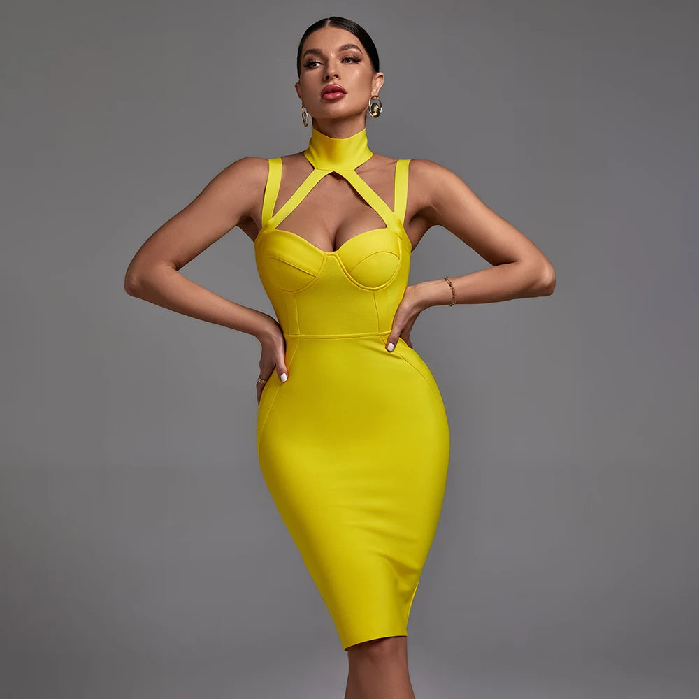 Fashion Design Turtleneck Yellow Slip Slit Dress Hollow Out Bodycon Empire Waist Dress Casual Womens Dresses Secondary image