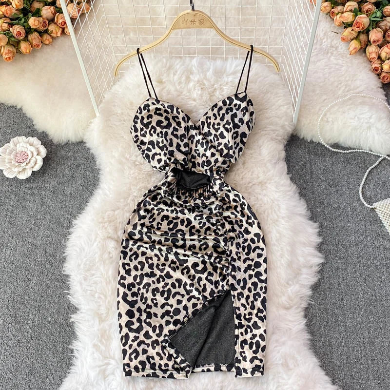 Leopard Print V-neck Sexy Bodycon Mini Dress Women Fashion Spring Autumn Sleeveless Cut Out Waist Backless Party Velvet Dresses Main image