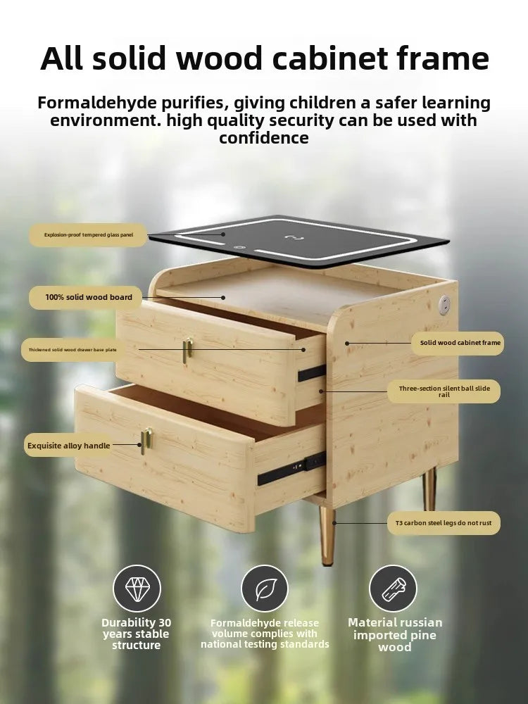 Modern Simple Luxury Smart Bedside Table New Solid Wood Multi-Functional Wireless Charging Accessible Internet Bedroom Furniture
