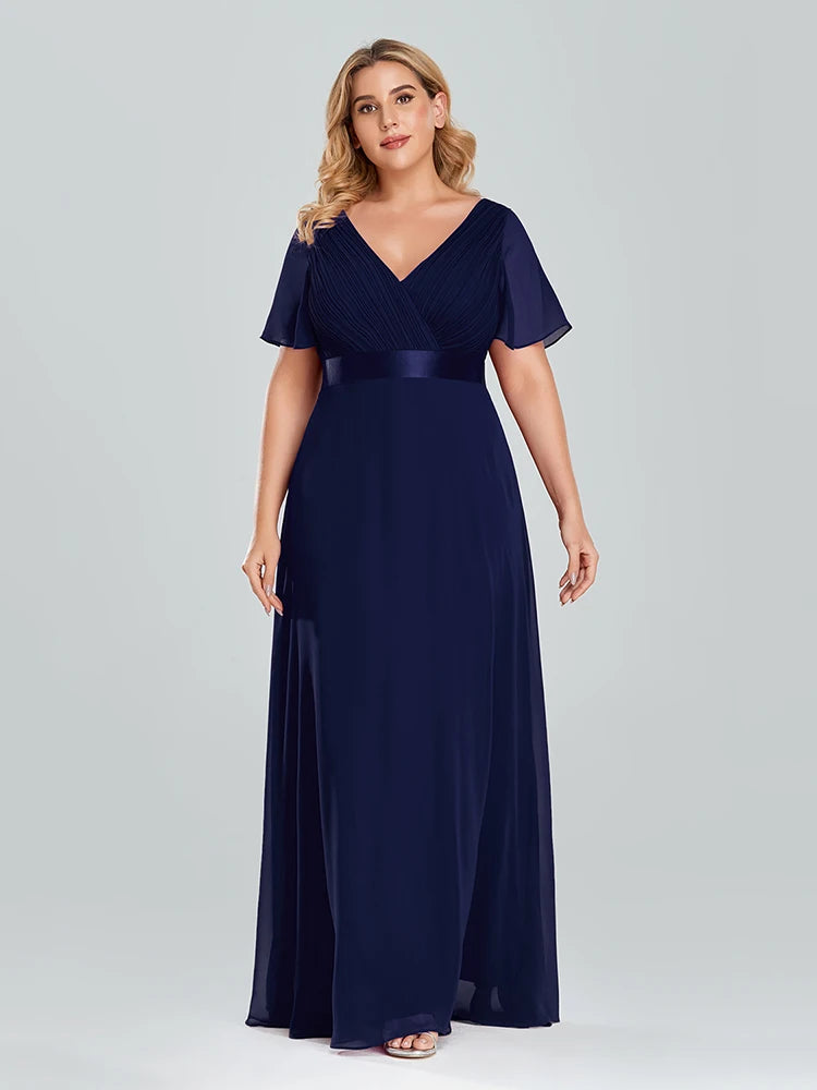 Plus Size Evening Dresses Long XUCTHHC Elegant A Line V Neck Ruffles Chiffon Formal Wedding Party Dress Robe De Soiree 2021