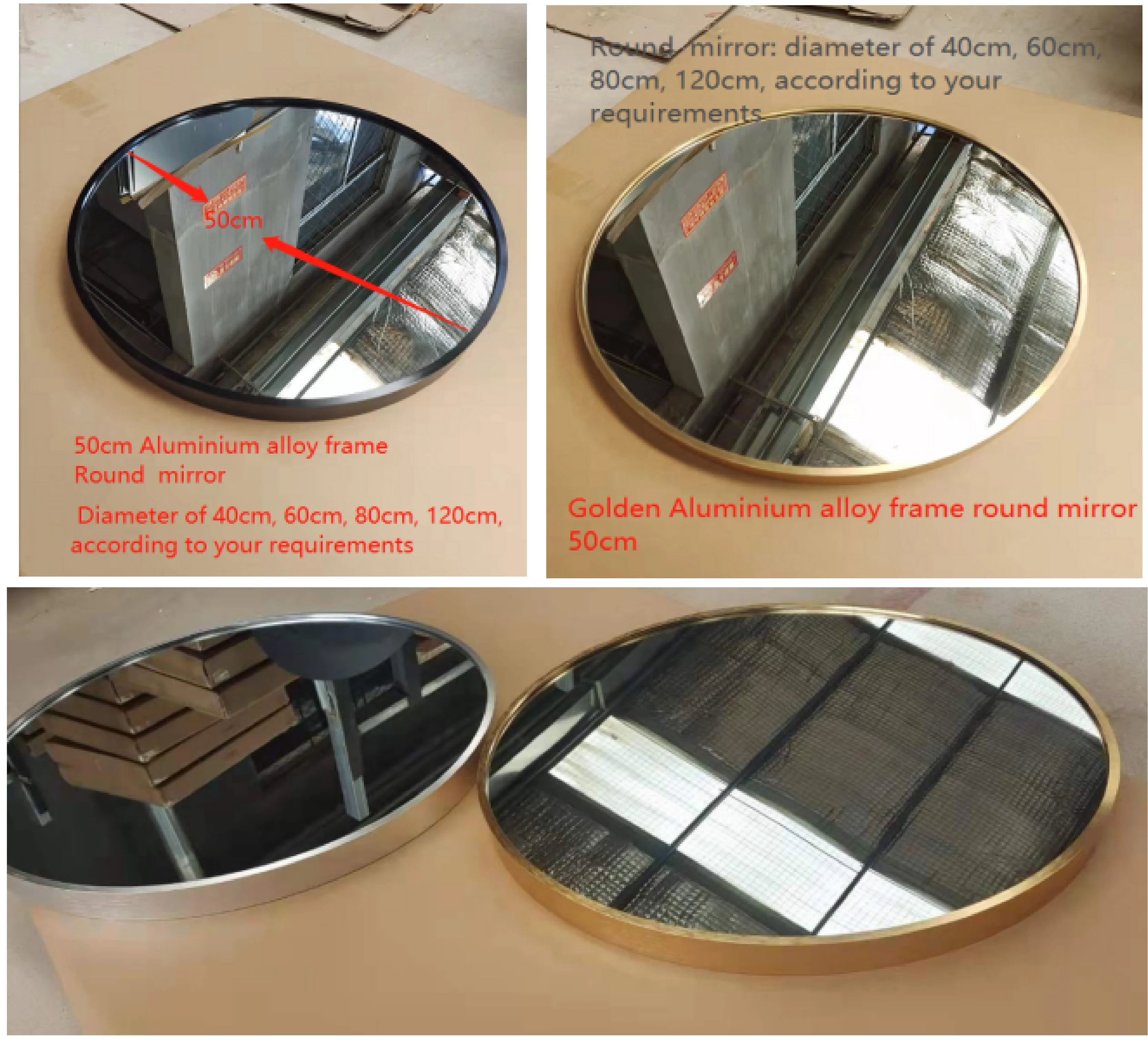 Simple Style Mirror Custom Large  Sliver Gold Black Aluminium Frame Wall Hanging Round  Dia Mirror 80cm 60cm 40cm  Dia 90cm