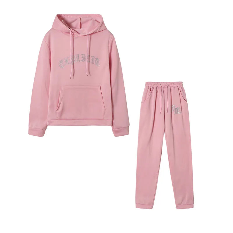 Diamonds Tracksuit 2 Piece Set Women Oversize Hoodies Sweatshirt Sweatpants Joggers Sport Pant Suits Femme Outfits Sweatsuits