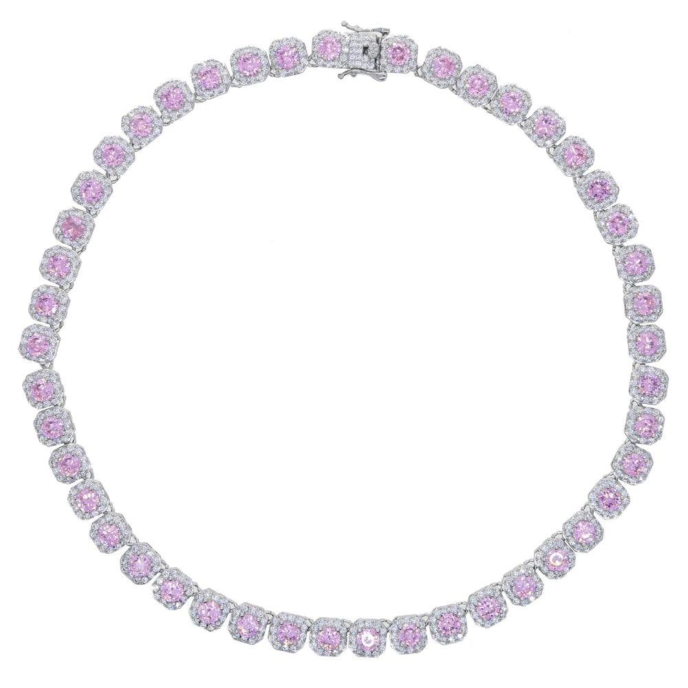Iced Out Bling pink Diamond Hip Hop Women Charm Jewelry Geometric square Cubic Zirconia Cz Cluster Tennis Necklace