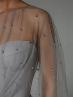 Women O-Neck Solid Loose Floor Length Dress Tulle Pearl Top Long Sleeves Evening Dresses
