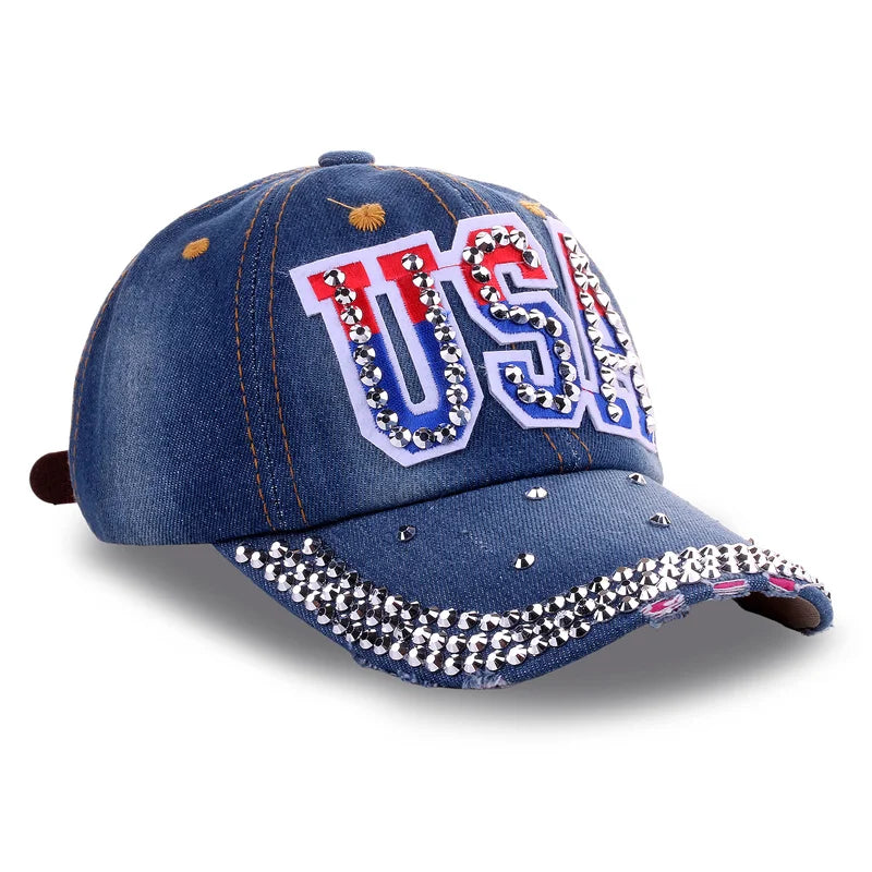 Popular Men Women Adjustable Hip Hop Trucker Hats Cotton USA Sports Caps Rhinestone American Flag Baseball Caps Secondary image