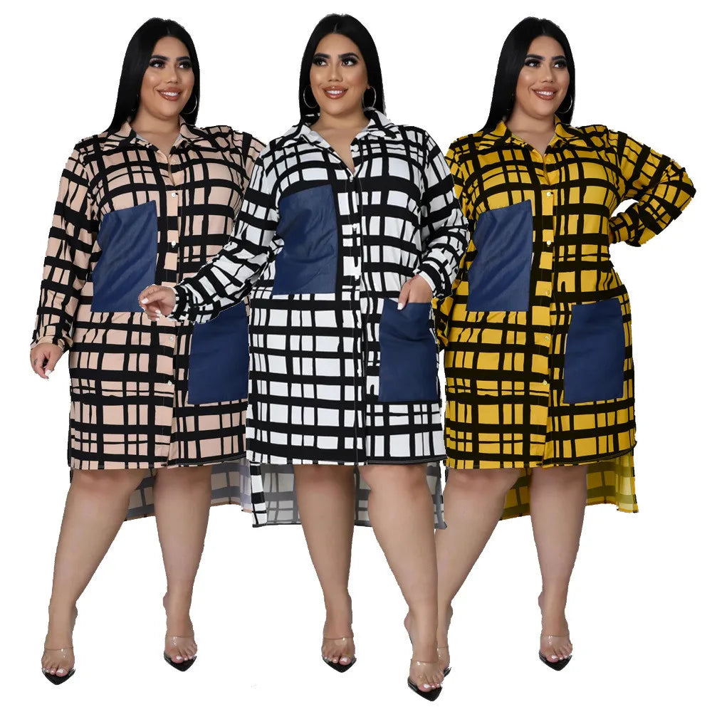 New Plus Size Dresses Women 2022 Wholesale Buttons Casual Long Sleeve Loose Office Lady Plaid Shirt Midi Dresses Dropshipping Secondary image