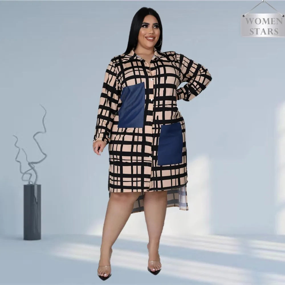 New Plus Size Dresses Women 2022 Wholesale Buttons Casual Long Sleeve Loose Office Lady Plaid Shirt Midi Dresses Dropshipping Main image