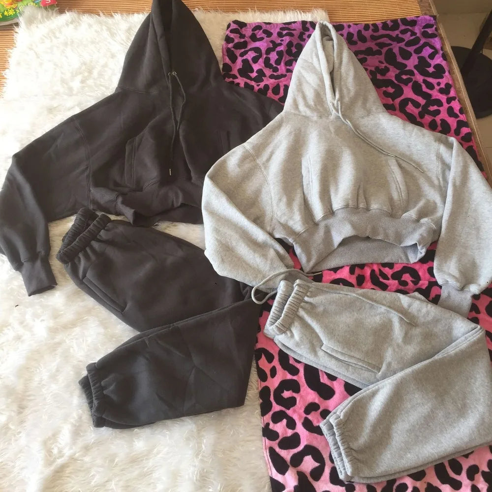 Wholesale Fleece Hoodie with Jogger Pant Sweat Suit Fall Winter 2 Piece Set Tracksuit Women Sports Outfit Two Piece Solid Casual