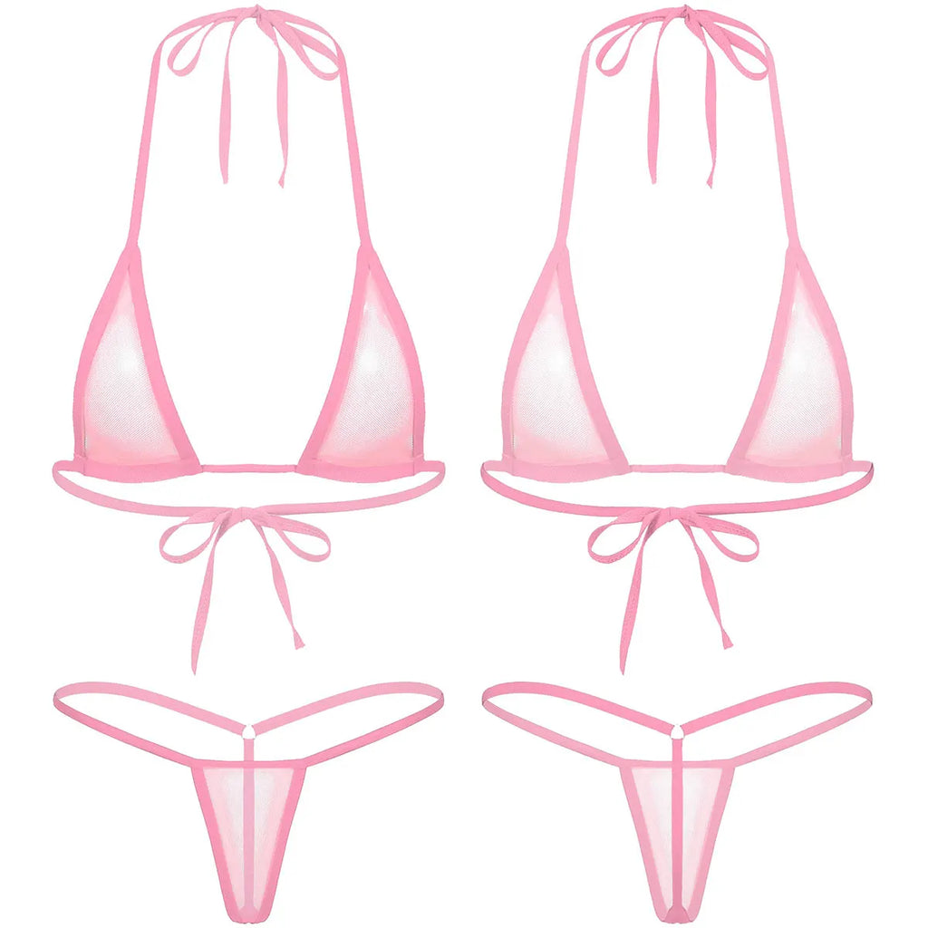 Women's Two-Piece Swimsuits Bikini Sets Sexy Mesh Sheer Halter neck Micro Bikini Outfits Bra Top with G-String Swimwear Female