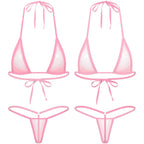 Women's Two-Piece Swimsuits Bikini Sets Sexy Mesh Sheer Halter neck Micro Bikini Outfits Bra Top with G-String Swimwear Female