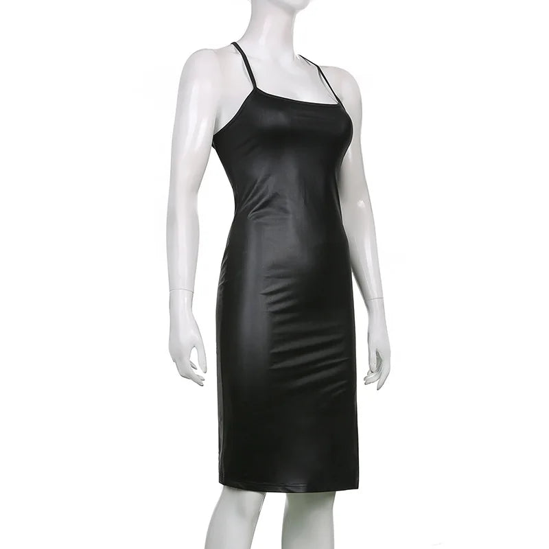 Women Sexy Sleeveless Black PU Leather Sexy Dress Club Secondary image