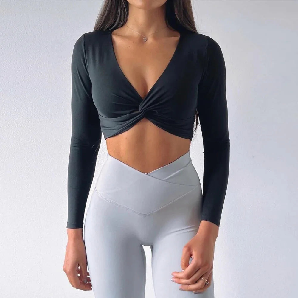 Custom New Women's Fitness Apparel Ropa Deportiva Mujer Yoga Tops Activewear Workout Front Twist Long Sleeve Crop Top