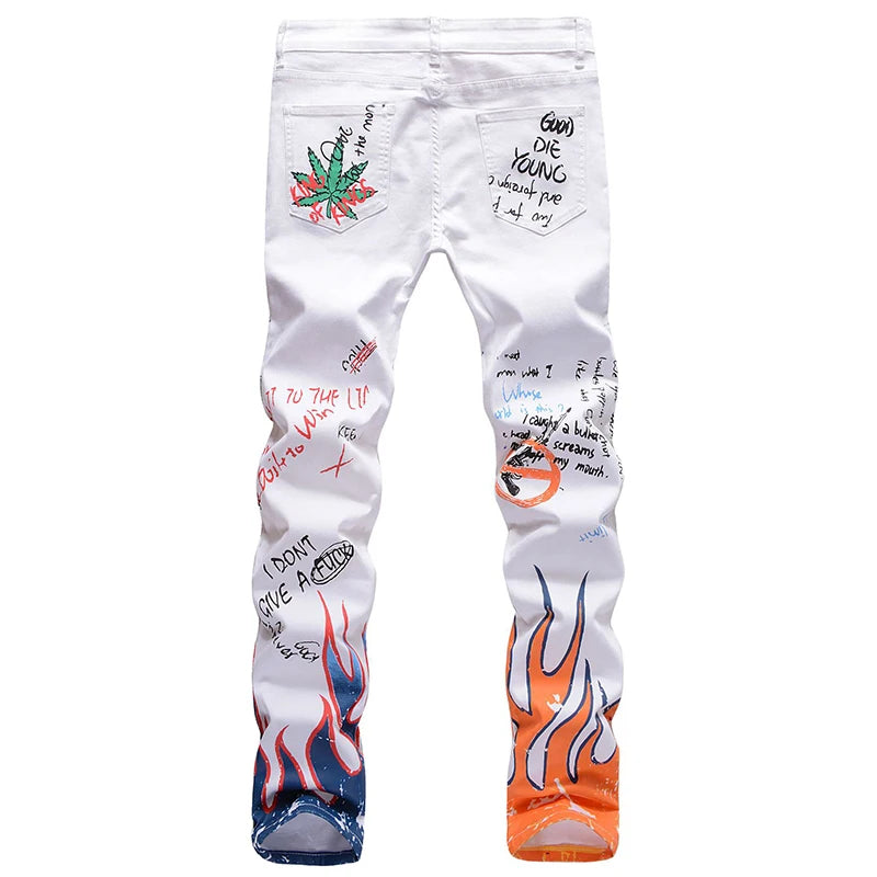 Sokotoo Men's fashion letters flame black printed jeans Slim straight colored painted stretch pants