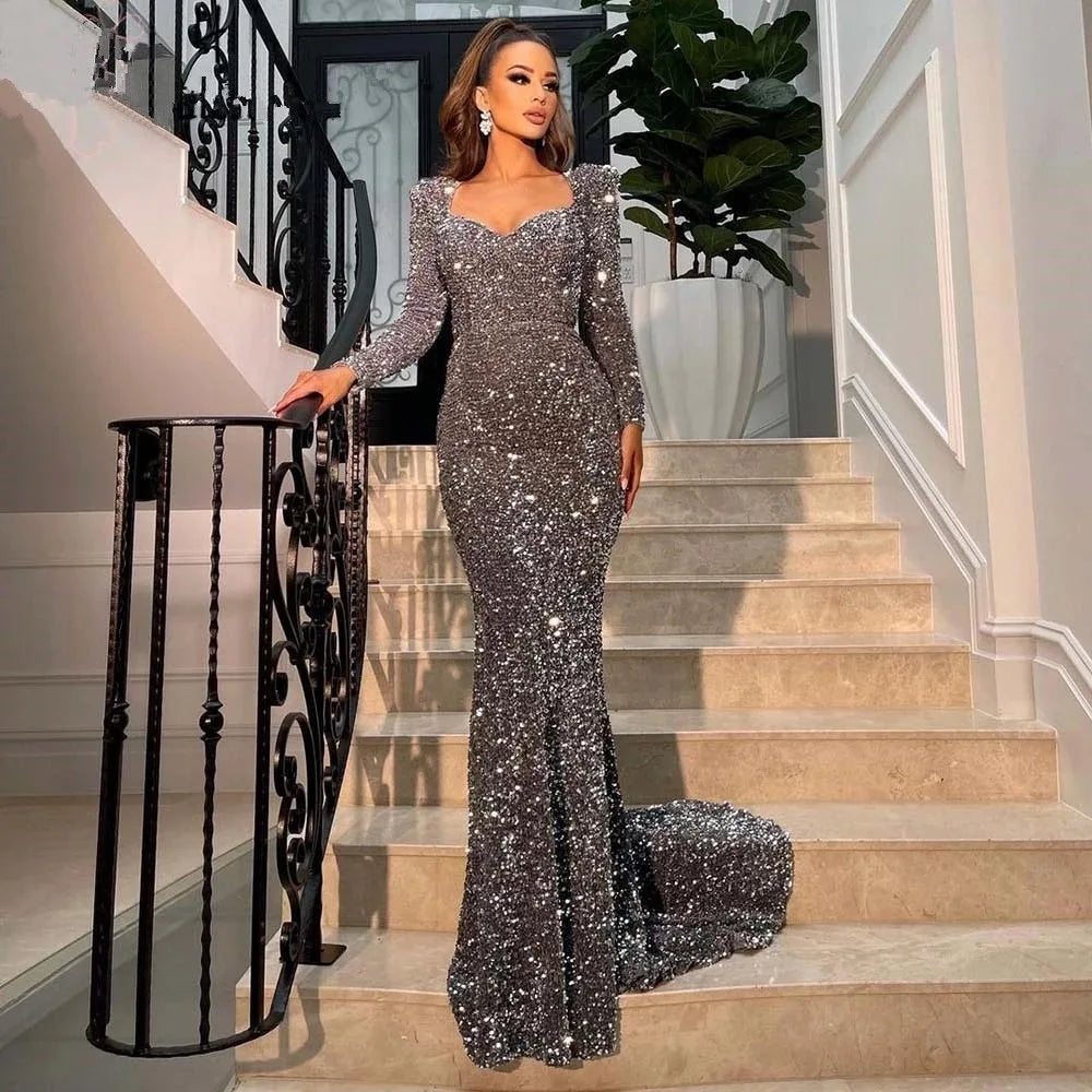 Silver Mermaid Prom Dresses Square Collar Long Sleeves Sequins Luxury Floor Length Sexy Slim Celebrity Gown for Party 2026 New Secondary image