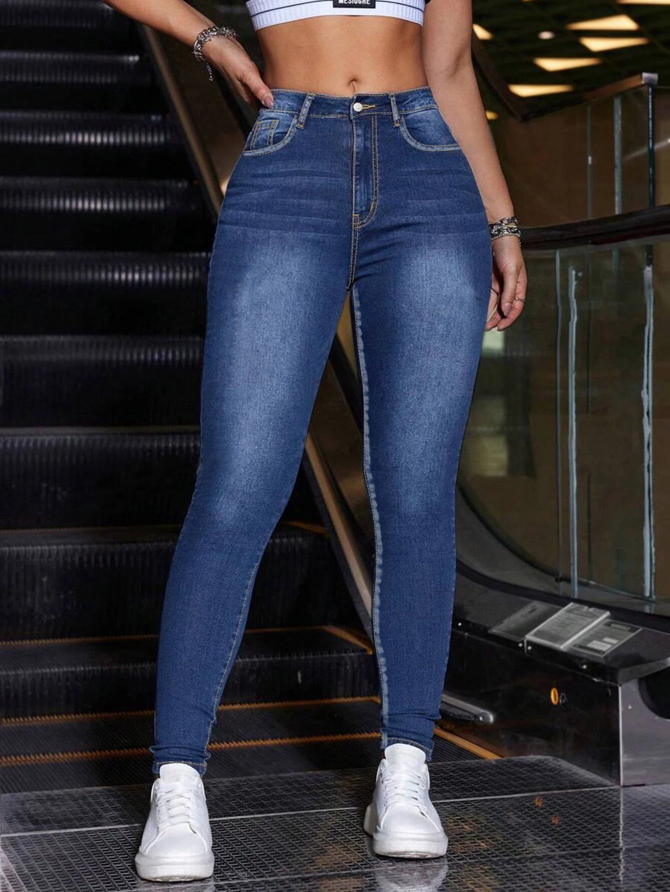 Wholesale Women Mid Waist Stretchy Casual Elegant Dark Blue Long Legging Skinny Pencil Denim Jeans Pants for Women Mom Secondary image