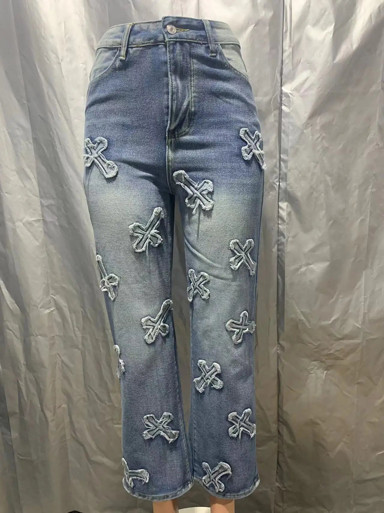 3811# Fashion Fall New 2026 Vintage Wash Denim Fringe Cross Hip Hop Straight Leg 9 Minute Pants Women Jeans Secondary image