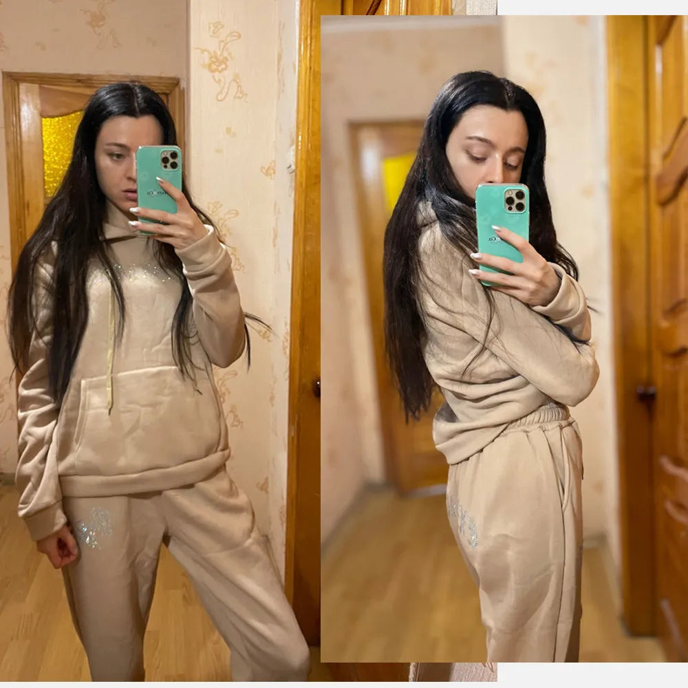 Diamonds Tracksuit 2 Piece Set Women Oversize Hoodies Sweatshirt Sweatpants Joggers Sport Pant Suits Femme Outfits Sweatsuits