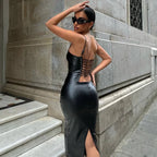Dropship Agent Boutique Popular Pu Leather Sexy Fashion Backless Maxi Women's Dresses