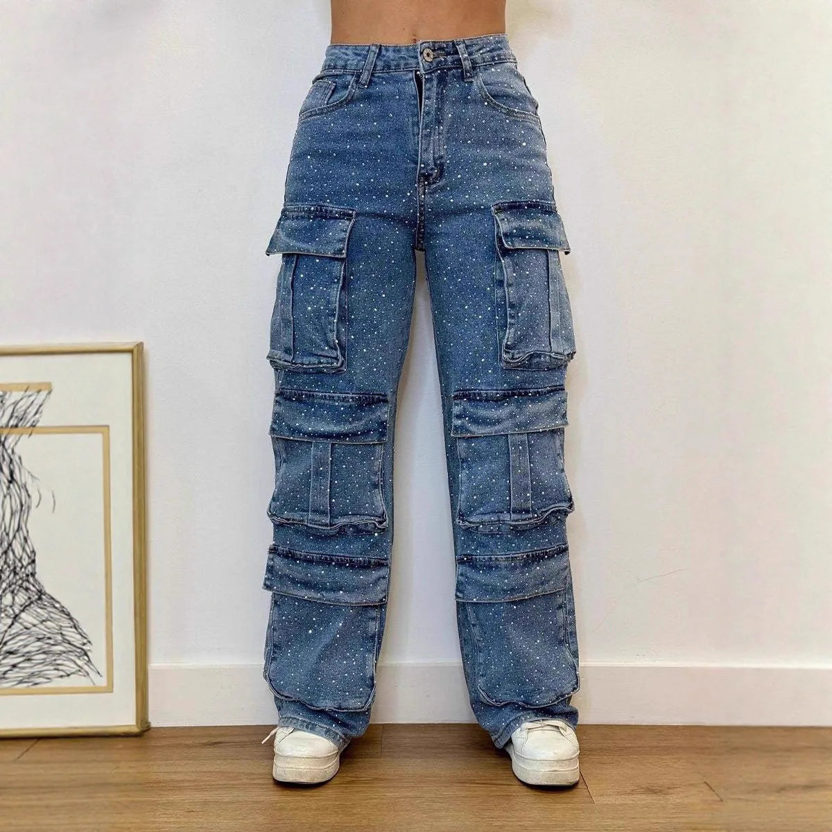 2026 Summer European and American Foreign Trade New Women's Clothing Fashion Rhinestone Wide Leg Jeans for Women Secondary image