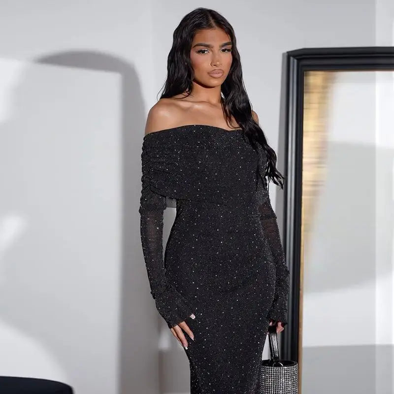 Black Sequin One-Shoulder Evening Gown for Women High-End Party Dress
