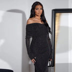 Black Sequin One-Shoulder Evening Gown for Women High-End Party Dress