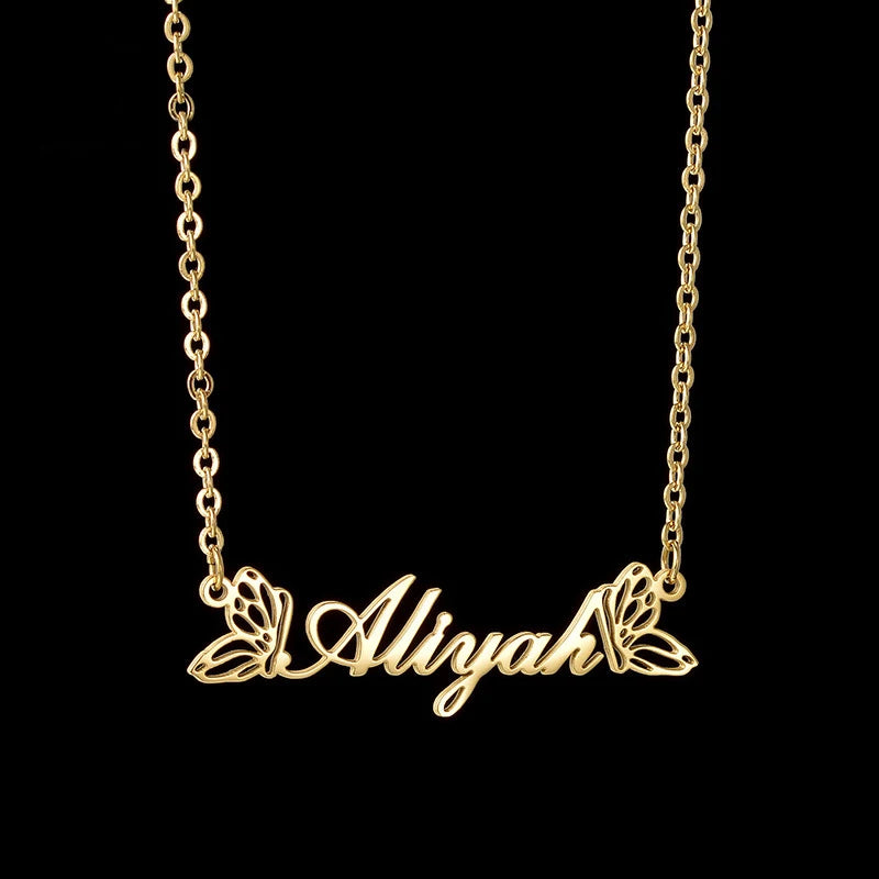 Custom Name Necklace Double Butterfly Letter Name Pendant Stainless Steel Necklace Personalized Gift for Women Men Hainon 2818