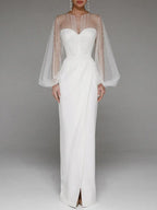 Women O-Neck Solid Loose Floor Length Dress Tulle Pearl Top Long Sleeves Evening Dresses