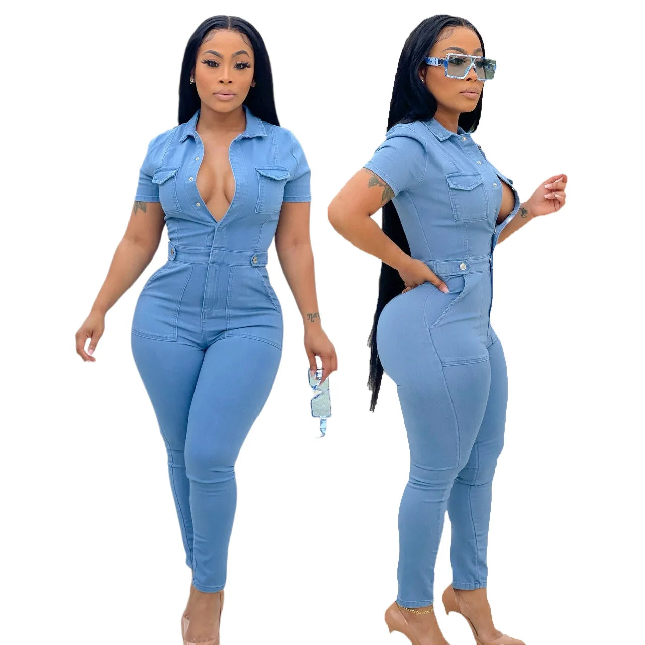 Bodycon Jumpsuits With Pockets for Sale Fashion Deep V-neck Women Denim Fabric High Waist Knitted Pencil Pants Secondary image