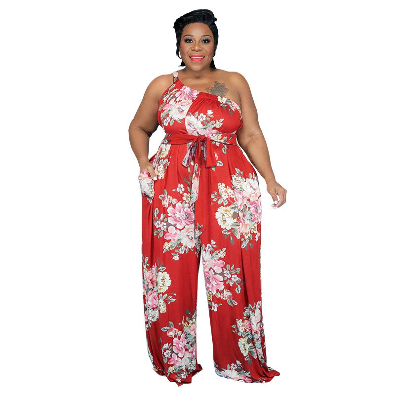 Women's Cross-Border Plus Size Summer Jumpsuit New Arrival Loose Fit Casual Floral Print Fitness Clothing Asymmetrical Knitted Secondary image