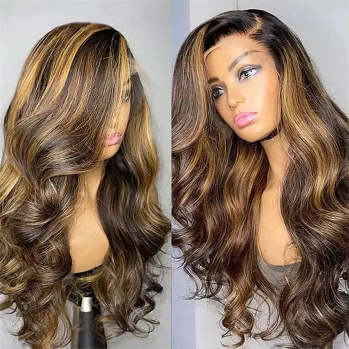 Wholesale 13x4 Lace Full Frontal Wig Brazilian Hair for Ombre Highlight Body Wave in Honey Blonde Dark Roots Transparent Lace
