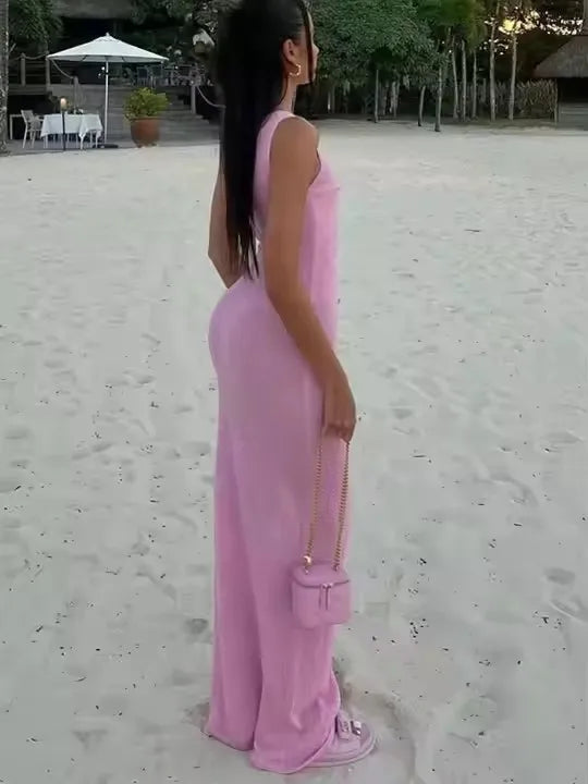 Female Summer Skinny Elegant Party Beachwear Sleeveless Round Neck Dress Knitted See Through Ruched Women Maxi Dress